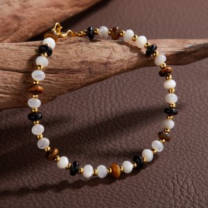 Natural Gemstone Bracelet With Tiger's Eye White Mother of Pearl